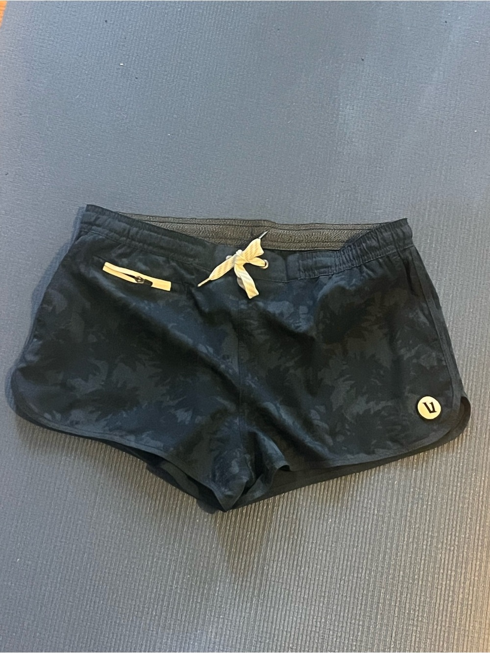 Vuori Black Palm-Print Athletic Shorts with Tan Drawstring